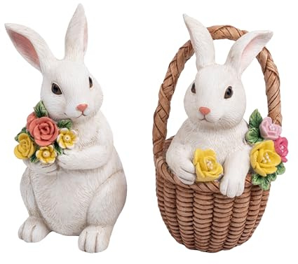 Valery Madelyn 2 Stück Osterhasen für Osterdeko draußen, Dekohase Harz mit Osterkörbchen Blumen für Gartendeko Tischdeko,Frühlingsdeko Ostern Geschenke,für Wohnzimmer Party,16cm(L)