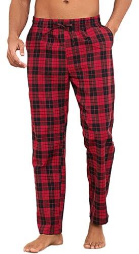 Litherday Schlafanzughose Herren Lang Kariert Pyjamahose 100% Baumwolle Nachtwäsche hose mit 2 Taschen, Rot+schwarz, M