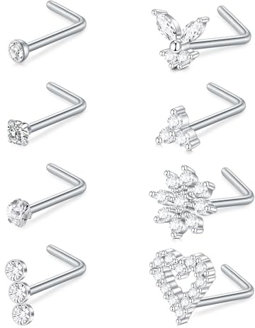 FECTAS Näsring skruv L-formad näsring stud 18 g korkskruv näsa piercing smycken rostfritt stål diamant CZ hjärta silver guld 8 st, Rostfritt stål