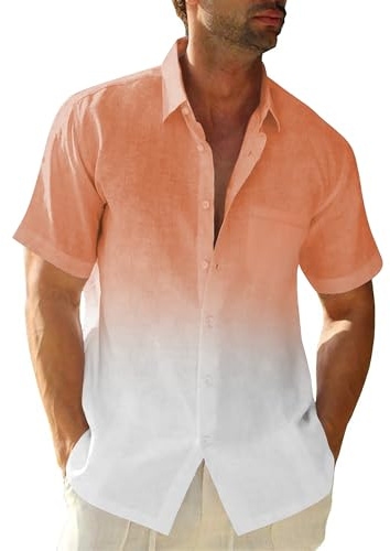 Camicia da uomo gradiente, in lino, casual, a maniche corte, con bottoni, da spiaggia, estiva, per il tempo libero, per uomini e vacanze, Colore: arancione., L