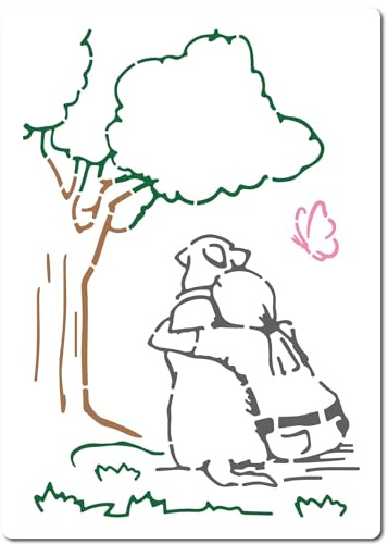 GORGECRAFT Plantilla de Árbol de Mujer Banksy de 30x21cm Plantilla de Árbol Mujer Y Perro Debajo de Un Árbol Patrón de Mariposa Plantillas de Dibujo de Plástico Reutilizables para Pintar sobre