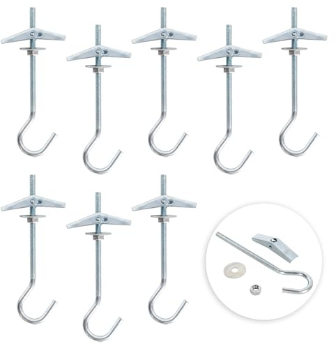8Pcs Wing Spring Toggle Hook, Ceiling Hooks Plasterboard, Carbon Steel Mount Hook Fixing Anchors Bolts with Threaded Hooks for Drywall Cavity Hollow Wall Board Plank Hanging Plants Lights (M4 x 90 mm)