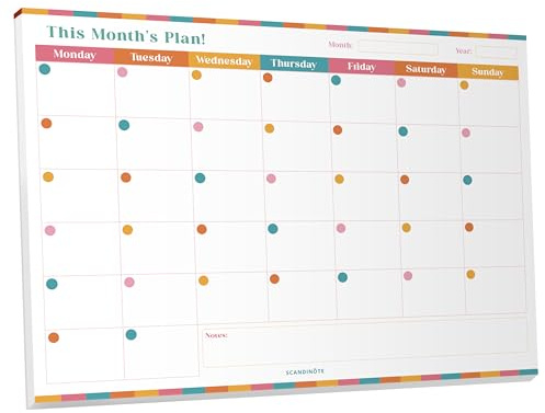 Scandinote A4 Monthly Planner Pad – 52 Sheets, Undated Reusable Monthly Layouts (4+ Years), Desk Organiser, To Do List & Goal Planner, 100gsm Recycled Paper, UK Made