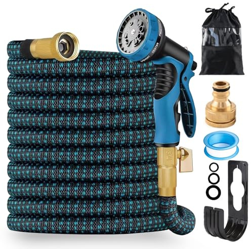 FASCINATDECO Flexibler Gartenschlauch mit 10 Funktion 15m, Wasserschlauch flexibel mit 3-Fach Latexkern inkl. Vollmessing Adapter für 1/2' 3/4' Zoll und Wandhalterung, dehnbarer flexiSchlauch