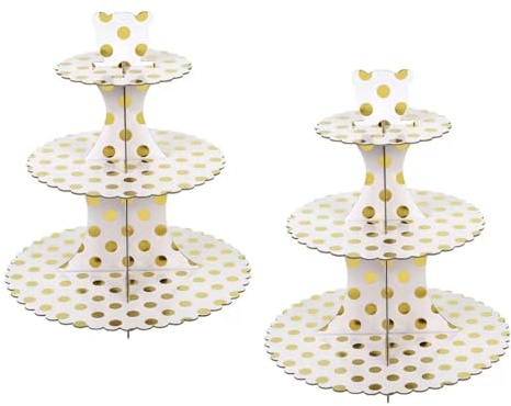PYGHAP 2 Pack Cake Stand, Cardboard Cupcake Stand 3 Tier Dessert Holder Round Tower Cardboard Cake Stands for Christmas Birthday Wedding Easter Party Supplies (Golden Dots)