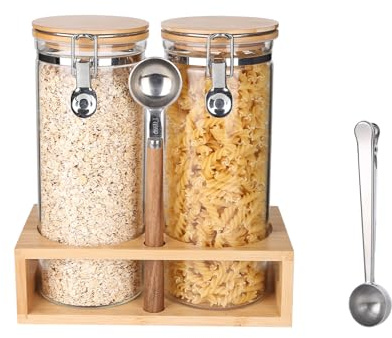 KKC Glas Vorratsdosen mit Deckel für Müsli - Kaffee Aufbewahrung Kaffeepulver Behälter mit Löffel - Glas Kaffeedose Luftdicht 500g mit Regal - 2er Set 1500ml BPA-frei & Spülmaschinengeeignet