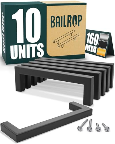 BAILROP Tiradores Cocina Negros 160MM (10 Unidades) - Tiradores Armarios Cuadrados - Manillas Rectangulares para puertas de armarios y muebles de cocina.