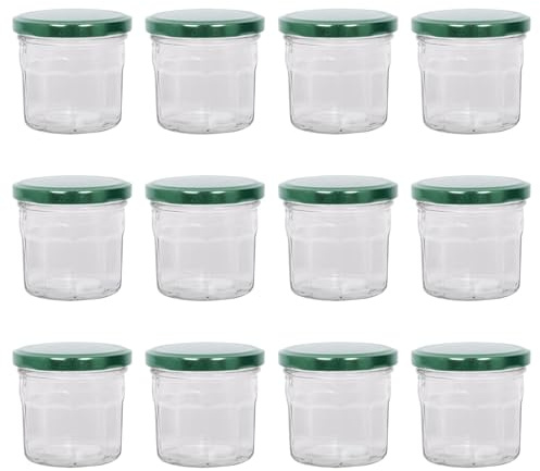Argon Tableware Glass Jam Jars with Airtight Green Lids - 130ml - Pack of 12 - Empty Screw Top Kitchen Storage Jar for Food, Honey, Spice, Pickling, Preserving, Candle Making