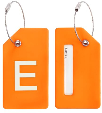 PATIKIL 2 Stück Kofferanhänger Flugreise Koffer Namensanhänger Tags mit Namensschild Adressschild Datenschutz Silkon Gepäckanhänger für Kreuzfahrten Reisetasche, Orange Buchstabe E