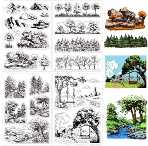 GLOBLELAND 4 Blatt Wald Stempel Zum Gestalten von Karten. Wasserfall Dschungelpfad Gipfel. Silikon Stempelsiegel. Wälder. Transparente Stempel Für DIY Scrapbooking Tagebücher Dekorative Fotoalben.