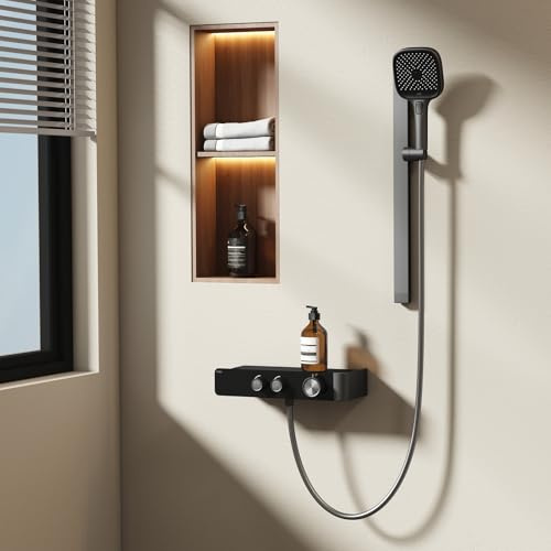 EMKE Duschsäule Thermostat, Matt Anthrazit, Einstellbarer Wasserdurchfluss, Separates Minimalistisches Design, Handbrause 3 Funktionen, Kleines Badezimmer Duschset