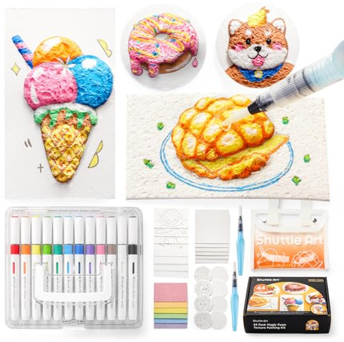 Shuttle Art 44 Pcs Magic 3D Foam Texture Painting Kit, Acrylic Paint Pens Set Including 28 Pcs Foam Texture Paper, 12 Colours Brush Tip Acrylic Paint Markers, Magic Painting Kit