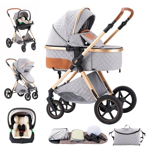 Mobayta Kinderwagen 3 in 1 Komplettset Baby Kombikinderwagen bis 22kg, Zusammenklappbar, Große Gummireifen, Großer Einkaufskorb, Warmer FußsackOrganizer Tasche (H2 GREY, H2)