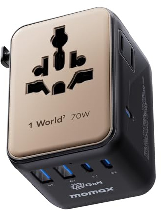 MOMAX Universal Travel Adapter,70W GaN Charing with UK/EU/AU/US Plugs, Mini Travel Plug Adapter UK To European Plug Adaptor 3USB-C & 2USB-A, Adapter Plug for Tablets Phone Watch,Gold