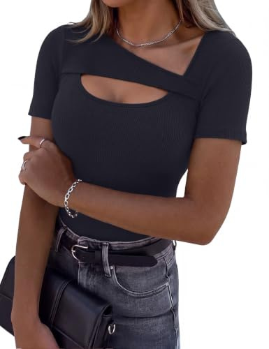 Aottori T-Shirt Donna Manica Corta Scollo Asimmetrico a Coste Slim Fit | Maglietta, Estiva, Basic Top, Elasticizzato Elegante, Shirts, Sexy Casual