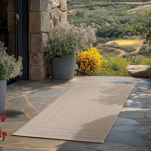 Teppium Tapis d'extérieur Beige 80x150 cm, résistant aux intempéries et aux UV, idéal pour la Cuisine, Le Balcon, la terrasse, Design uni avec Bordure