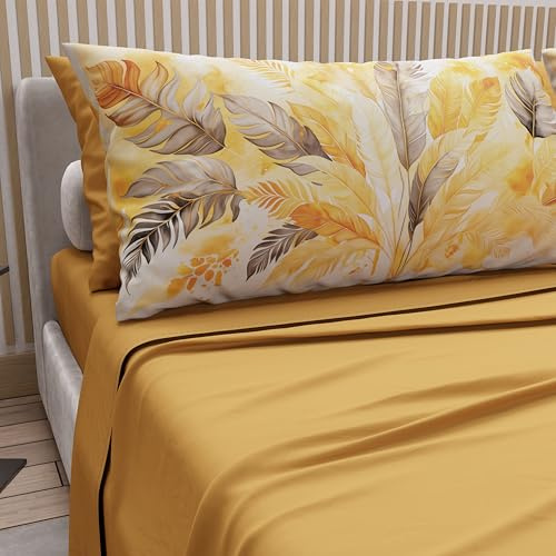PETTI Artigiani Italiani - Lenzuola in Cotone con Federe in Stampa Digitale, Lenzuolo Singolo, Completo Letto Fantasia Palma Giallo, 100% Made in Italy