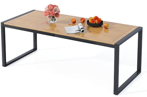 COSTWAY Gartentisch mit Schirmloch, 200x90cm, rechteckiger Terrassentisch für 8 Personen, großer Balkontisch aus Akazienholz, Outdoor-Esstisch für Garten, Terrasse