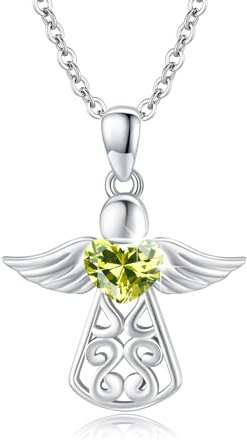 OHAYOO Skyddsängelkedja för kvinnor 925 sterlingsilver födelsesten ängel hänge kedja skyddsängel födelsesten halsband ängel smycken gåvor för kvinnor flickor mamma, Einheitsgröße, Sterlingsilver