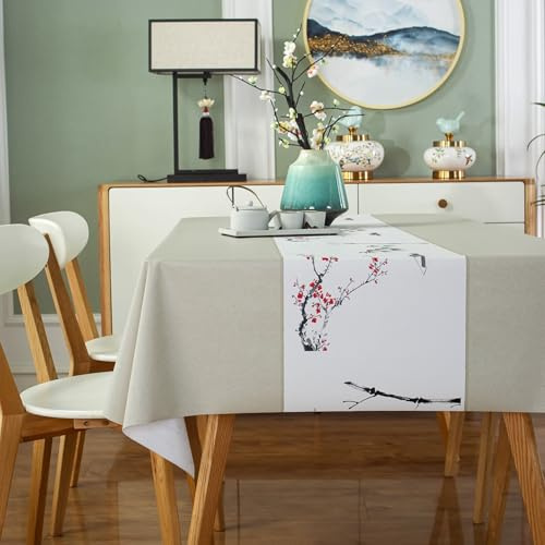 Tolldek 90 x 90 cm Mantel Beige Cuadrado Árbol de Ciruelo PVC Efecto Loto Mantel Cumpleaños Niñas Fácil de Cuidar para Salón Comedor
