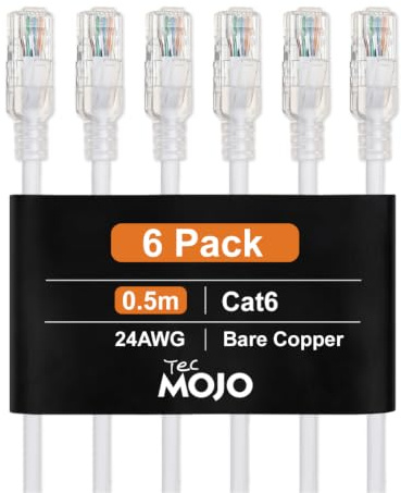 Tecmojo Cat6 Ethernet Cable 0.5m 6 Pack, 24AWG Pure Copper (OFC) UTP RJ45 Network Patch Cord, 1Gbps 250MHz LSZH Jacket for Router Modem Switch Patch Panel, White