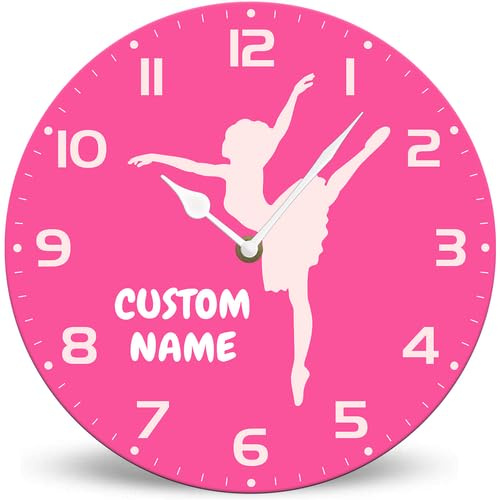 Horienteeon Personalized Name Pink Ballet Girl Wall Clocks 25cm, Battery Operated for Kids Bedrooms Nursery School Playroom Decor, Custom Kids Name Wall Clocks, Wood Round Custom Clock