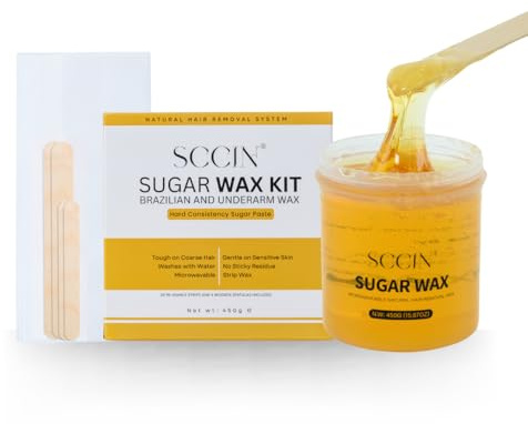 SCCIN Natural Sugar Wax Hair Removal Kit 450G with 20 Re-suable Strips and 4 Wooden Spatulas. Microwavable Depilatory Wax Jar. Hypoallergenic Sensitive Skin. Bikini, Brazilian & Coarse Hair Removal