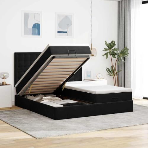 Qnhdfrt Ottoman Bett 200x200 cm Samt Schwarz mit Taschenfederkern Matratze und Stauraum Hydraulik Mechanismus für Schlafzimmer