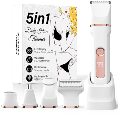 Bikini Trimmer for Women,5-in-1 Electric Razors for Women,Electric Shaver for Women's,IPX7 Waterproof Trimmer for Men Legs,with 5 Replaceable Blade Heads,USB Recharge Dock（White）