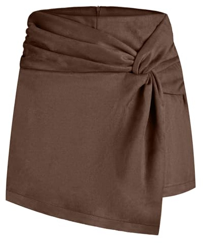 Mesduri Damen Skort Faux Wildleder Hoher Taille Asymmetrisch Minirock Figurbetont Hosenrock Wickelrock mit Knotendetail Reißverschluss