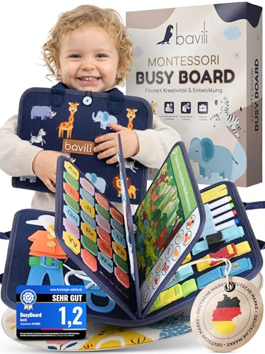 bavili® Montessori Busy Board ab 3 Jahren – 23 Aktivitäten, 8 Lernseiten | Lernspielzeug mit deutschen Inhalten, 6 herausnehmbaren Seiten, Whiteboard und 4 Stiften – für unterwegs und Zuhause