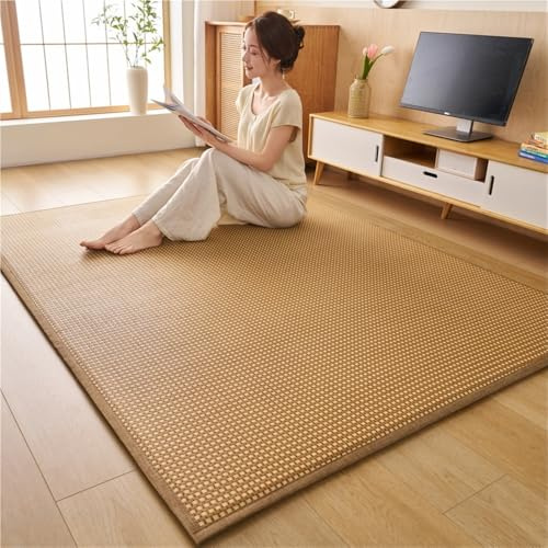 GUOIOOI Esterilla de Tatami Japonesa Tradicional de bambú y ratán, colchón futón japonés Enrollable, Esterilla Gigante de Espuma viscoelástica for meditación y Juego Zen.(Light Brown,100x200cm)