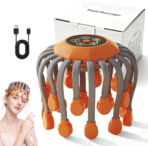 Octorelax Head Massager, Anti-Stress 360° All-Round Electric Scalp Massager, Octopus Kopfmassagegerät Kopfmassagegerät mit 5 Modi, Kabellose Tragbare Kopfhautmassagegeräte für Entspannung (Orange)