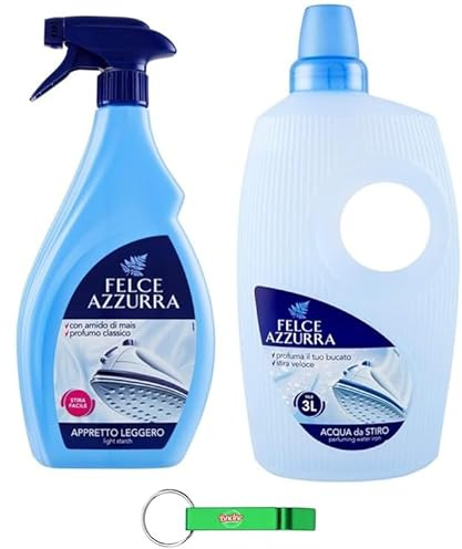 Felce Azzurra, set di test per vestiti, acqua profumata per ferro da stiro, 1 x 1000 ml + aiuto per stiratura, leggermente rinforzante, 1 x 750 ml + portachiavi Beni Culinari