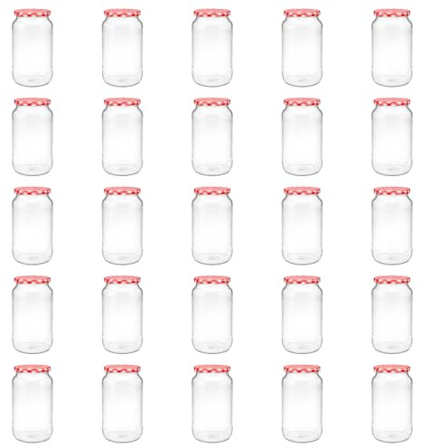 Vitrea 12x Einmachgläser 1 Liter - mit Deckel Rot Kariert TO 82 - leere Gläser zum befüllen mit Schraubdeckel - Sturzgläser, Schraubgläser, Marmeladengläser Set - 12 Stück