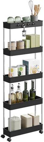 WOLTU Carro de Almacenamiento con Ruedas de 5 Niveles, Carrito Auxiliar con 4 Ganchos, Carrito Estrecho para Cocina, Baño y Lavanderia, Plástico y Metal, 41,5 x 112 x 13,5 cm, Negro