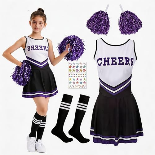 Fancysky Cheerleader Flickor Cheerleading-klänning för flicka, med delad outfit, Cheerleading-outfit, med pompon Calcetines y 2 klistermärken, karneval, halloween, cosplay (4, svart, 130)
