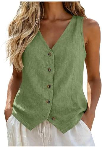 Cotton Linen Waistcoat for Women UK Formal Vest Tops Summer Fashion Sleeveless V Neck Button Down Work Shirts Business Casual Outfits