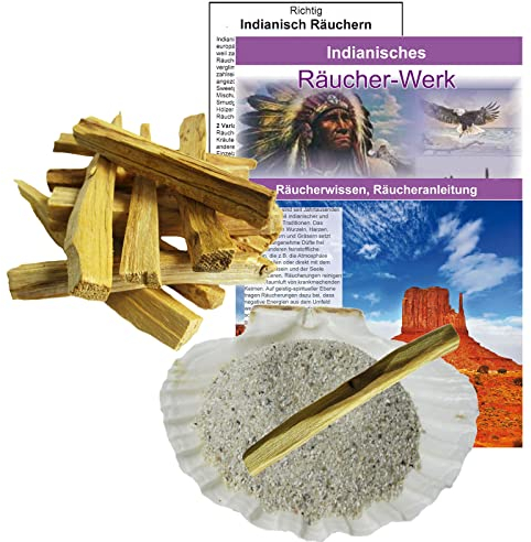 Palo Santo 12 Sticks + Räuchersand + Räuchermuschel. Heiliges Holz Indianer Räucherwerk mit Booklet Indianisches Räucherwissen + Räucheranleitung für spirituelle Räucherung. 81054