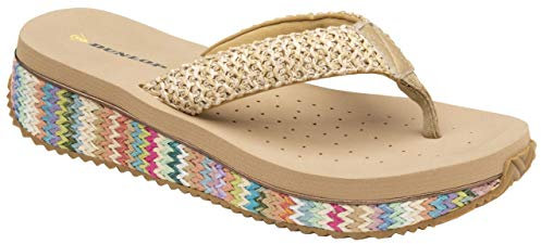 Dunlop Damen Zehenpfosten Low Wedge Flip Flops Bast Strand Sommer Sandalen Schuhe Größe 36-42, Beige - Beige / mehrfarbig - Größe: 41 EU