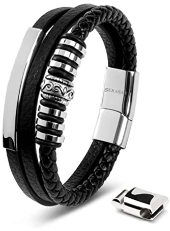 SERASAR Mens Jewellery Leather Bracelet 20cm Silver Men GiftBox Genuine Cowhide Braided AdjustAble Magnetic Clasp MultiLayer Wrap Rope Mans Male Bracelets Band Jewelry