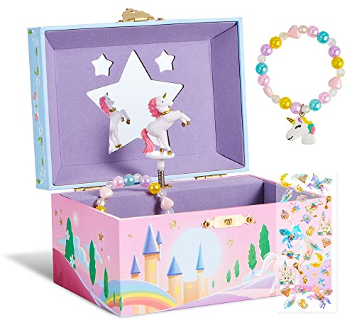 JOYIN Carillon portagioie per ragazza regalo unicorno per ragazza 4 5 6 7 anni giocattolo unicorno rotante per bambini scatola musicale regalo con specchio e braccialetti unicorno