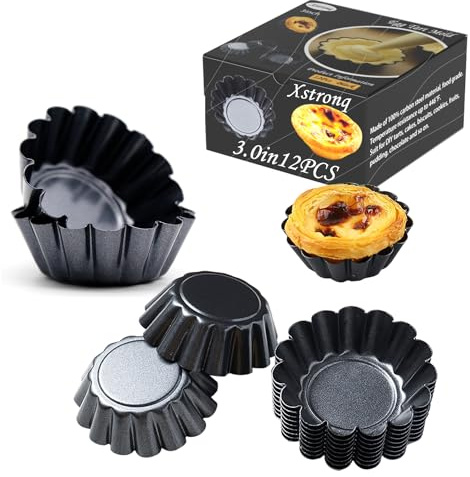 Xstronq Egg Tart Molds 12PCS Tart Pan 3inch, Mini Carbon Steel Non Stick Tart Pans, Tart Molds For Baking (3 inch)