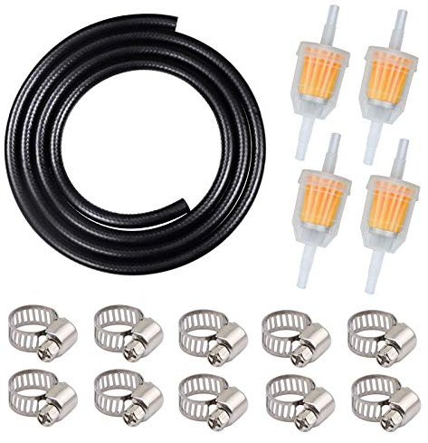 Benzinschlauch Set Schwarz, 2 Meter Kraftstoffschlauch 4mm+4 Stück Benzinfilter +10 Stück Schlauchschellen Edelstahl, Für Auto Motorrad Roller Rasentraktor Motor Dieselleitung
