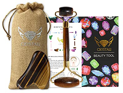 Crystali Gua Sha Set - Anti-Aging Gesichts-Massage Roller und Schaber - Gesunde, Schöne, Junge Haut - Tigerauge aus Südafrika
