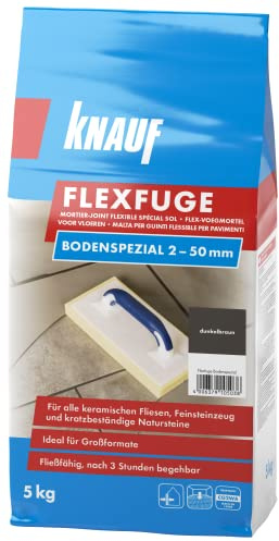 Knauf Flexfuge Bodenspezial Dunkelbraun 5 kg, zum Verfugen von allen keramischen Fliesen und kratzbeständigen Natursteinen im Innen- & Außenbereich, ideal bei unregelmäßigen Fugen, selbstverlaufend
