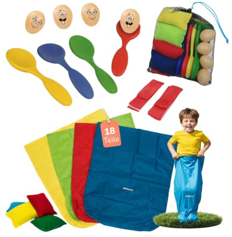 alldoro Kinder-Partyspiele, 18-teiliges Set für Kindergeburtstag & Feste | 4 Outdoor-Gartenspiele, Sackhüpfen, Eierlauf, Säckchen-Wurfspiel & Dreibeinlauf, drinnen & draußen, zuhause, Kita & Schule