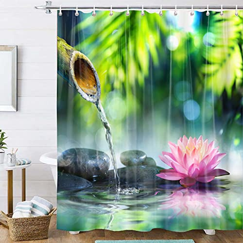 OCEUMACO 3D Shower Curtain Wet Room Zen Shower Curtains Bathroom Bamboo Floral Bath Curtain Mould Proof Resistant Washable 240 x 200 cm Waterproof Polyester Fabric with Hooks - Green Pink