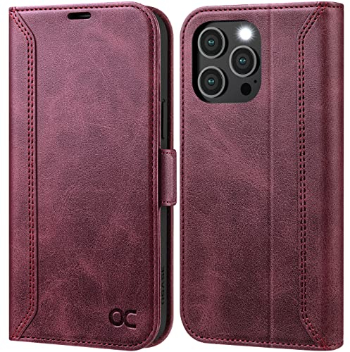 OCASE Coque iPhone 14 Pro Max Rétro, Etui Portefeuille iPhone 14 Pro Max [RFID Blocage] [Béquille] [Fentes pour Cartes] Antichoc TPU Housse Cuir PU pour iPhone 14 Pro Max (Série Rétro, Rouge Pourpre)