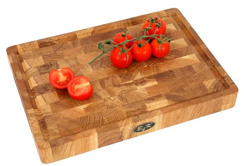35х25х4cm Hackblock aus Eiche Stirnholz | Antibakterielles Hirnholzbrett mit Griffen & rutschfesten Silikonfüßen | Schneidebrett für Fleisch & Küche | Robust & langlebig